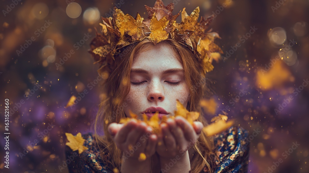 Naklejka premium Woman Wearing Crown of Autumn Leaves Blowing Fallen Leaves from Hands with Eyes Closed, Surrounded by Warm Golden Bokeh and Ethereal Light, Symbolizing Fall Beauty and Tranquility