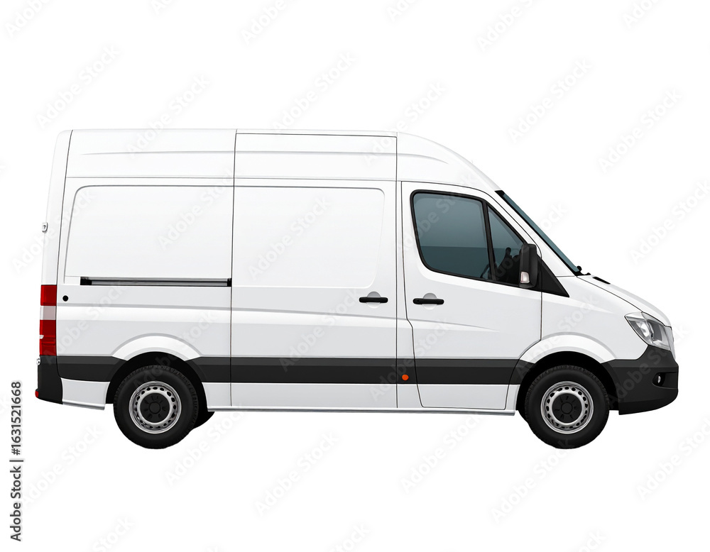 Naklejka premium White delivery van, side view, isolated on white background, clean, modern, cargo vehicle, transport, logistics, commercial, fast, efficient, urban, service, shipping, vehicle, utility, professional, 