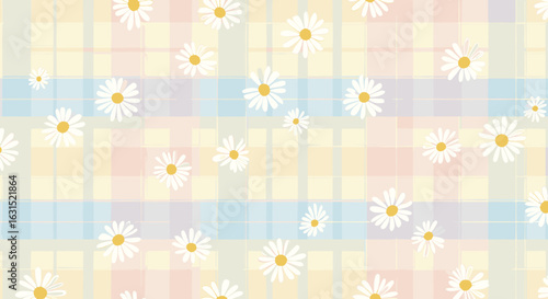 Charming pastel plaid pattern with scattered daisies for a whimsical, cheerful, and lighthearted design aesthetic, ideal for spring and summer.