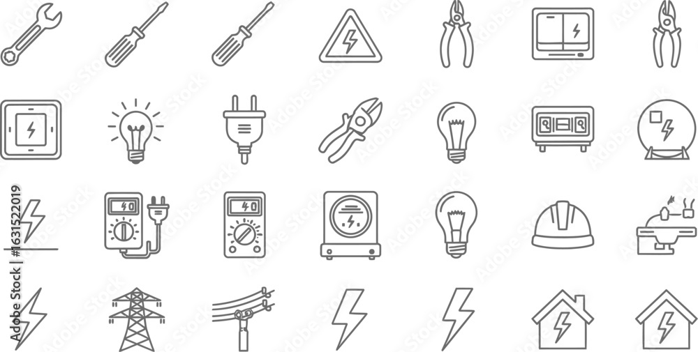 Obraz premium Collection of electricity and electrician tools and equipment icons, including wrench, screwdriver, pliers, cable, bulb, plug, meter, helmet, lightning, tower, and house