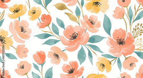 Floral watercolor pattern with peach, coral, and yellow flowers and teal leaves on a white background, artistic design