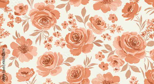 Elegant floral pattern with vintage peach roses and botanical elements creating a seamless design for backgrounds