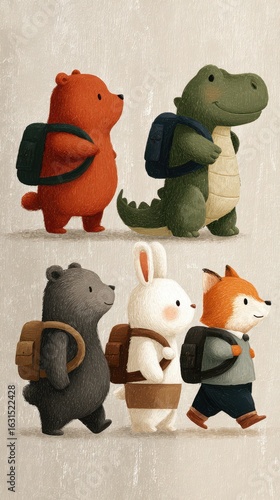 Group of cute animals with backpacks walking together on a light background in a whimsical cartoon style