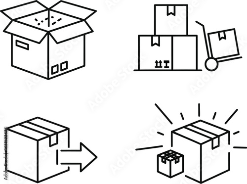 Illustration of various cardboard boxes, representing delivery, shipping, and relocation services in a simple and minimal line art style design