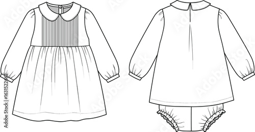 Classic long-sleeve baby girl dress with Peter Pan collar, pintuck bodice, matching bloomer, infant clothing, toddler outfit, elegant design
