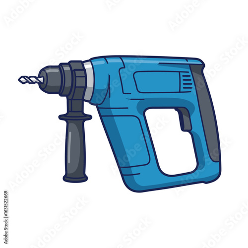 Blue rotary hammer drill with a secondary handle and masonry bit, depicted in a bold cartoon style.