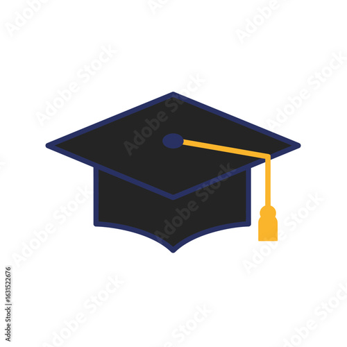 Flat illustration of a black academic graduation cap with a blue outline and a golden yellow tassel.