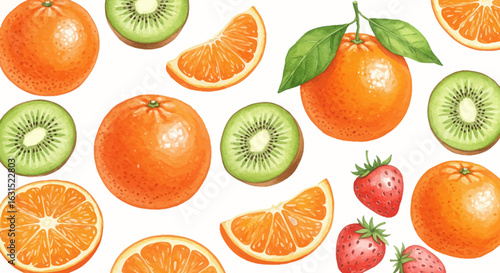Vibrant watercolor illustration featuring a delightful assortment of oranges, kiwis, and strawberries on a clean background