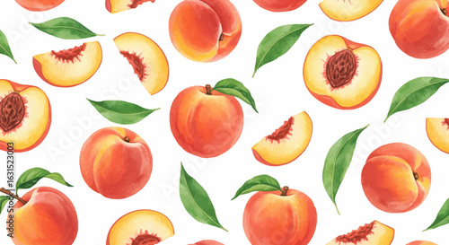 Seamless pattern with fresh peaches, peach slices, and leaves for a vibrant summer design, great for backgrounds
