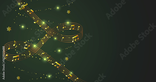 Holiday Green Music Background with Golden Notes and Snowflakes
