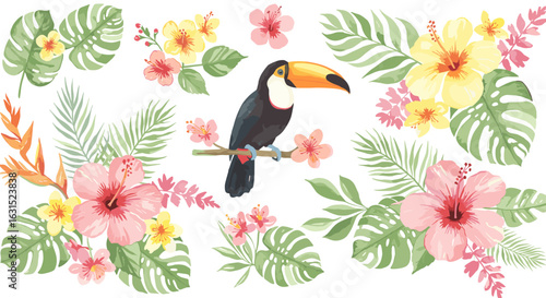 Tropical paradise illustration featuring a toucan perched among hibiscus flowers and monstera leaves