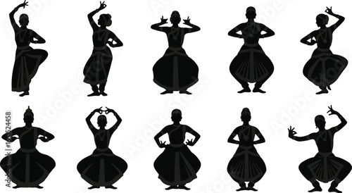 Silhouette illustration of various poses in Indian classical dance.
