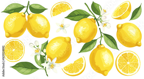 Vibrant lemon illustration featuring whole fruits, slices, leaves, and blossoms in a colorful composition