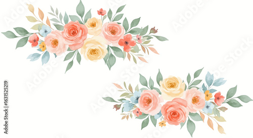 Watercolor floral arrangement featuring peach roses, yellow roses, and blue flowers with green leaves on a white background