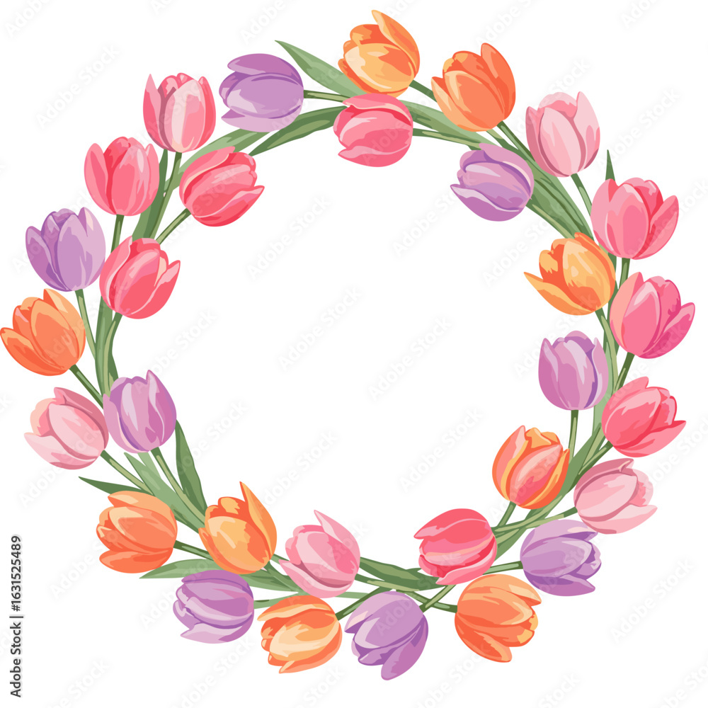 Fototapeta premium Elegant tulip wreath illustration in vibrant spring colors, perfect for seasonal designs and decorative elements