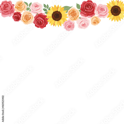Charming floral arrangement featuring roses and sunflowers in pastel hues, creating a delightful springtime design