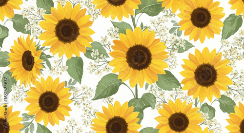Seamless pattern featuring bright yellow sunflowers, lush green leaves, and delicate white wildflowers on a white background