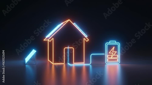 Neon house solar panel battery energy storage renewable electricity futuristic glowing technology sustainability, modern neon illustration of house powered by solar panel and connected to battery