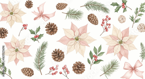 Watercolor Christmas floral arrangement with poinsettias, pine cones, holly, and ribbons for holiday designs