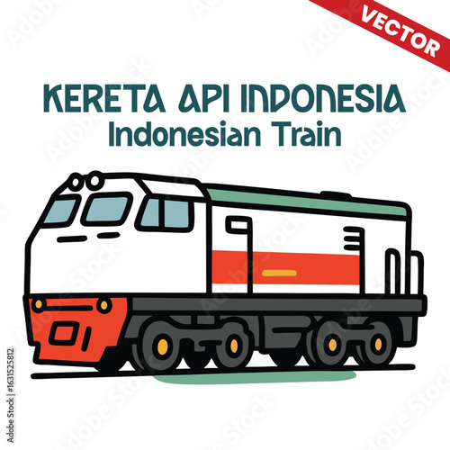 Vector illustration of a Indonesian train locomotive, showcasing a sleek white and red locomotive with bold design, representing Kereta Api Indonesia's modern transportation