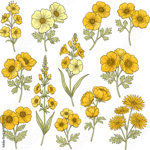 Botanical assortment of yellow flowers with detailed line work and varied leaf shapes, creating a vibrant arrangement