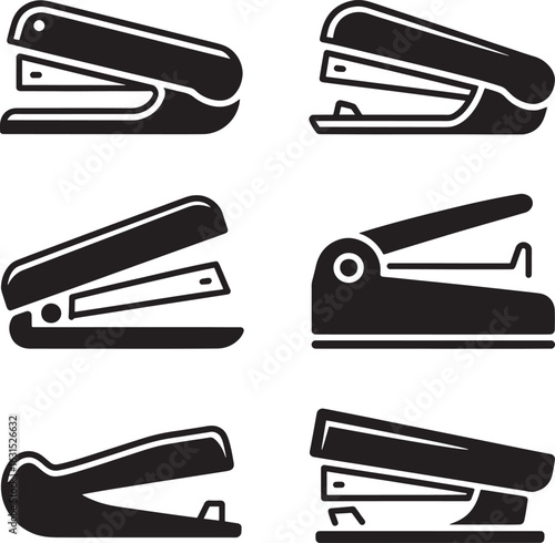 Collection of six distinct black office stapler icons in a clean graphic silhouette style on a white background