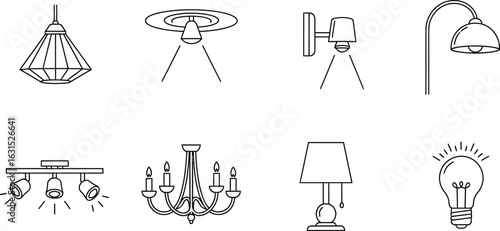 Icon set of different types of lamps collection of lighting fixtures for home interior chandelier, ceiling light, wall sconce, floor lamp, table lamp and bulb