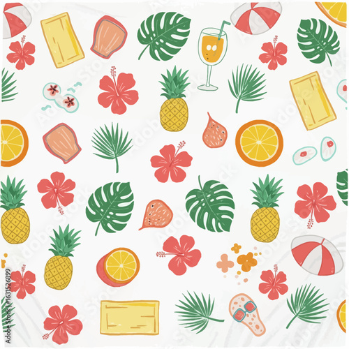 Vibrant summer pattern featuring tropical fruits, flowers, and beach elements for a fun and lively design
