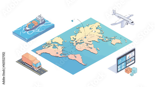 Isometric illustration of global logistics with a world map, ship, airplane, truck, and tracking dashboard.