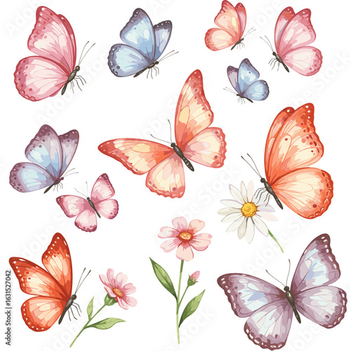Watercolor butterflies and floral elements in a charming pastel palette for spring designs and illustrations