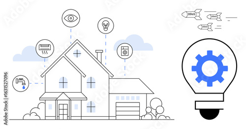 Modern house connected to smart devices representing automation and control. Ideal for technology, innovation, connectivity, energy efficiency, home management, digital transformation, simple flat