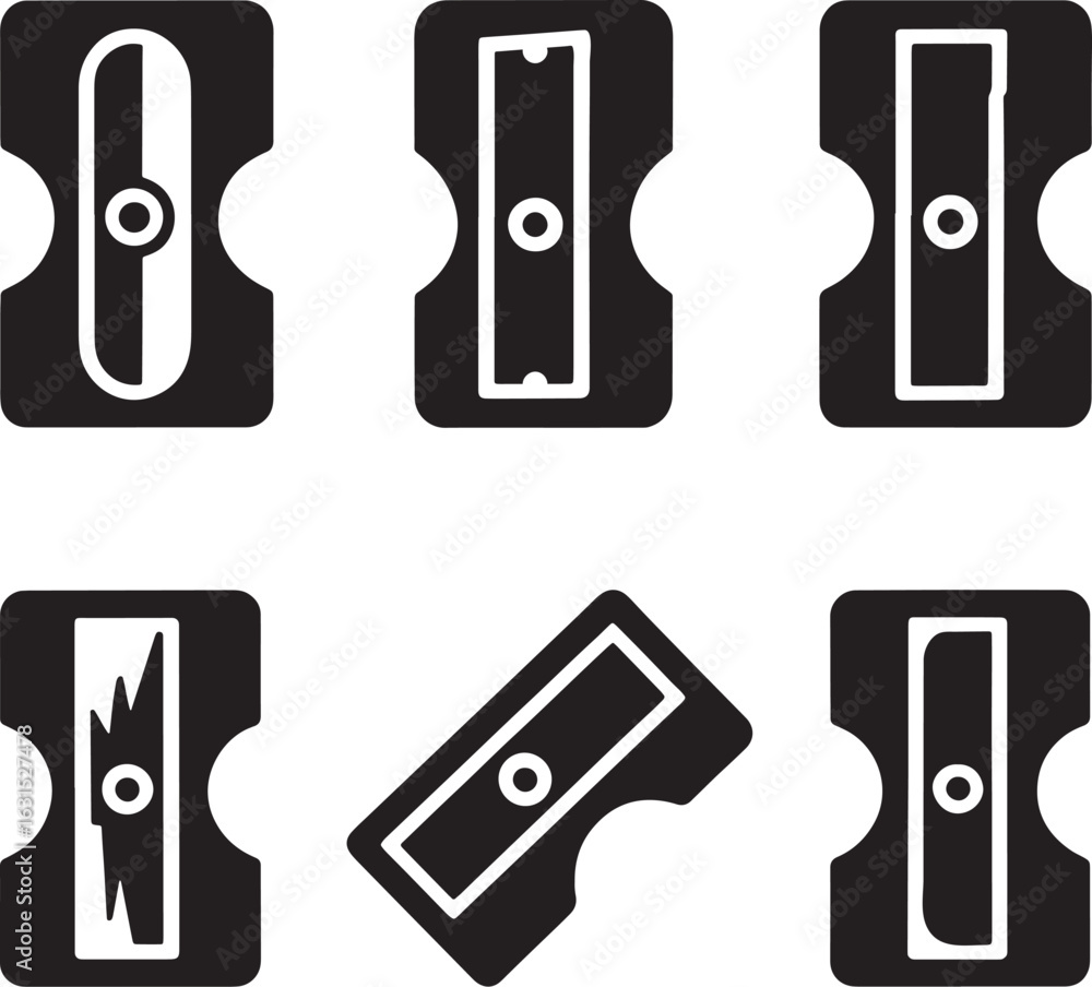 Fototapeta premium Collection of six black and white graphic icons representing different types of pencil sharpeners in a clean silhouette style
