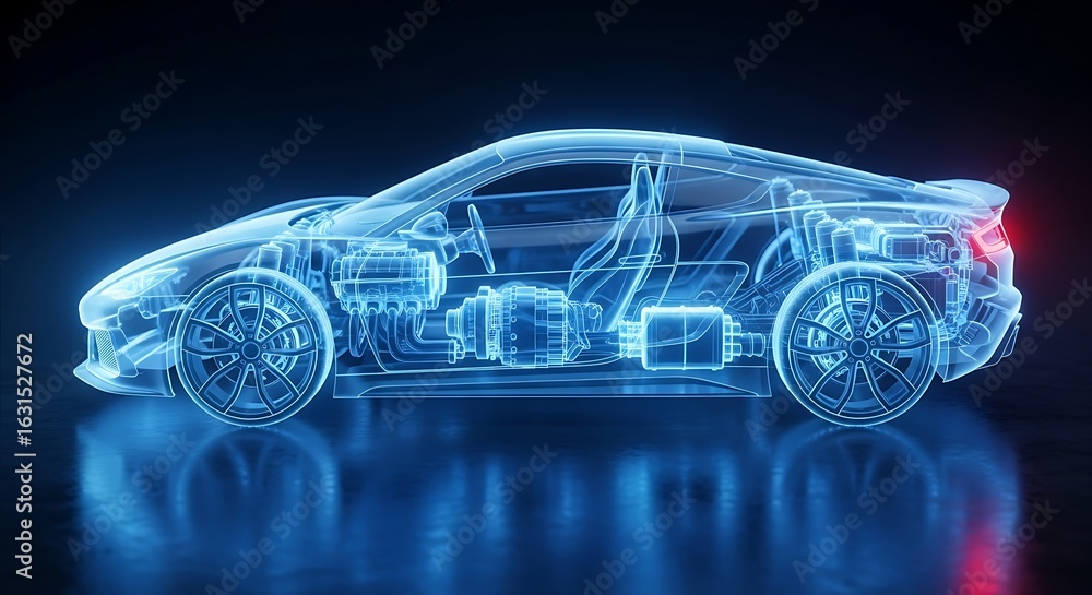 Naklejka premium Side view of a glowing transparent sports car revealing its advanced internal engineering and powerful drivetrain.