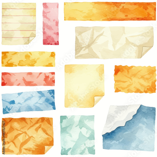 Watercolor paper elements collection featuring various textures, shapes, and colors for creative design projects