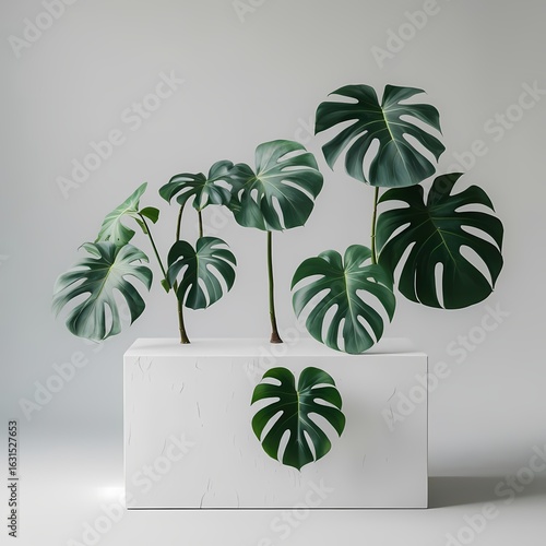 Minimalist Product Display with Monstera Leaf and Stone