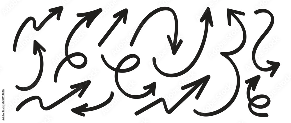 Black hand drawn arrows set vector. Doodle sketch curved and swirly arrows for infographic, presentation, and highlight design.