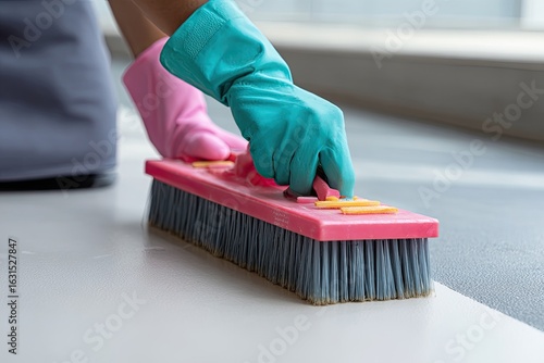 Person in teal and pink cleaning gloves scrubbing a floor with a large brush