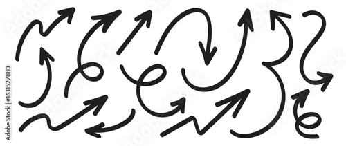 Black hand drawn arrows set vector. Doodle sketch curved and swirly arrows for infographic, presentation, and highlight design.
