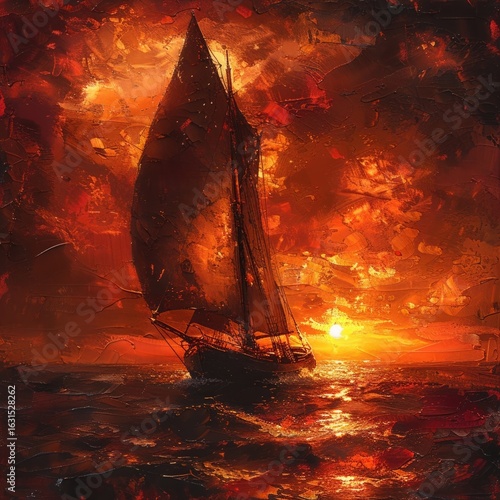 A sailboat silhouetted against a fiery sunset, with its sails catching the last rays of the day as it sails towards the horizon