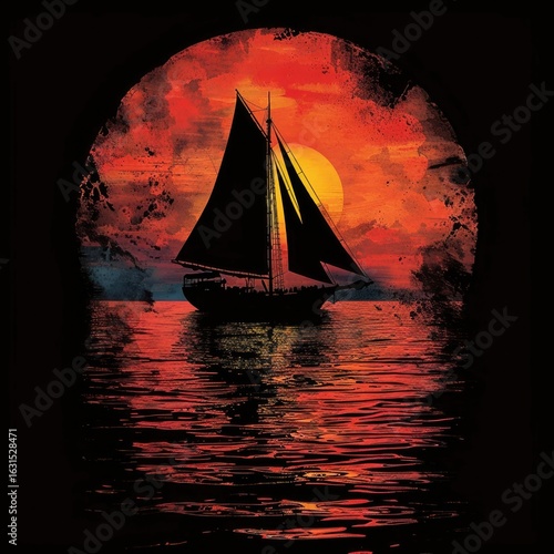 A sailboat silhouetted against a fiery sunset, with its sails catching the last rays of the day as it sails towards the horizon