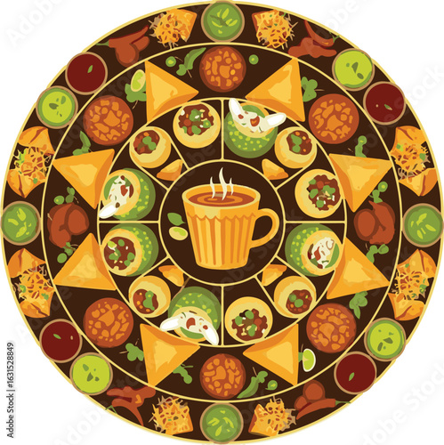 Colorful Indian street food mandala design, featuring various snacks and a cup of tea.