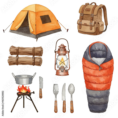 Camping essentials watercolor illustration featuring a tent, backpack, sleeping bag, and cooking gear for outdoor adventures