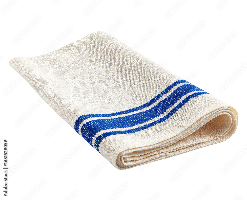 Folded, cream-colored napkin with navy blue stripes Folded, cream-colored napkin with navy blue stripes