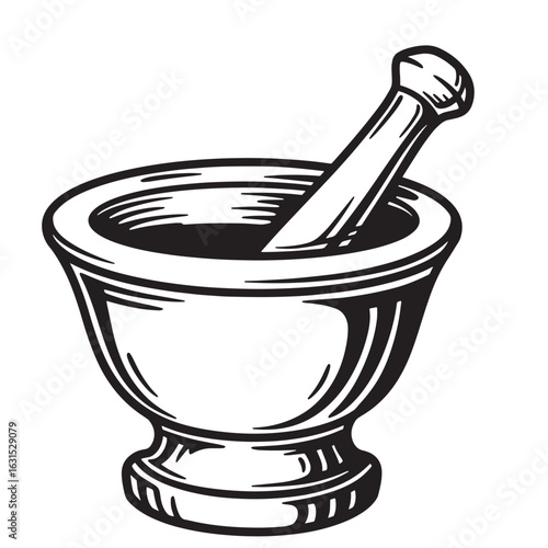 Classic black and white illustration of a mortar and pestle used in pharmacy