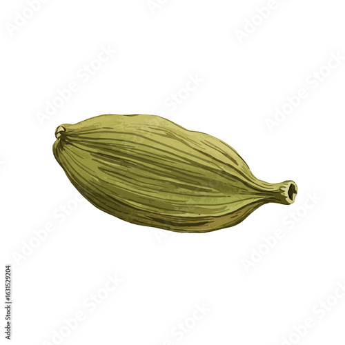 Detailed vector illustration showcasing a single, vibrant green cardamom pod with distinct ridges and textured surface, isolated on white