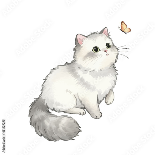 Adorable fluffy white cat with gray markings gazes curiously at a fluttering butterfly in a charming watercolor illustration, full of wonder and innocence