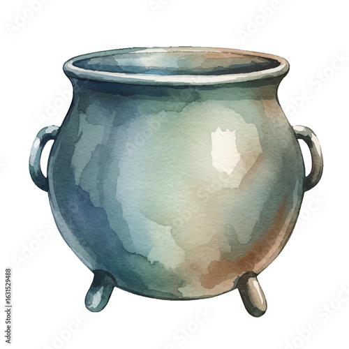 Watercolor Illustration of a Traditional Cauldron with Handles and Legs, Ideal for Fantasy and Halloween Themes and Potions