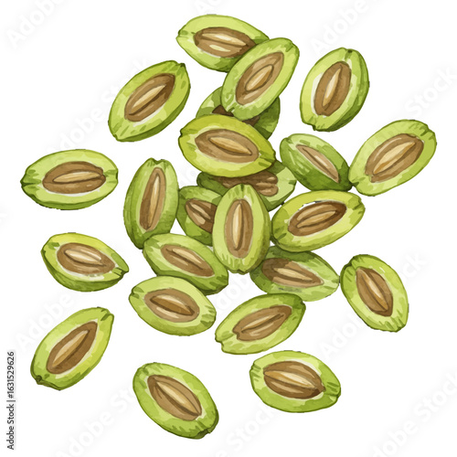 Watercolor illustration showcasing a scattered pile of halved green olives, revealing their inner texture and rich brown hues against a clean white background.