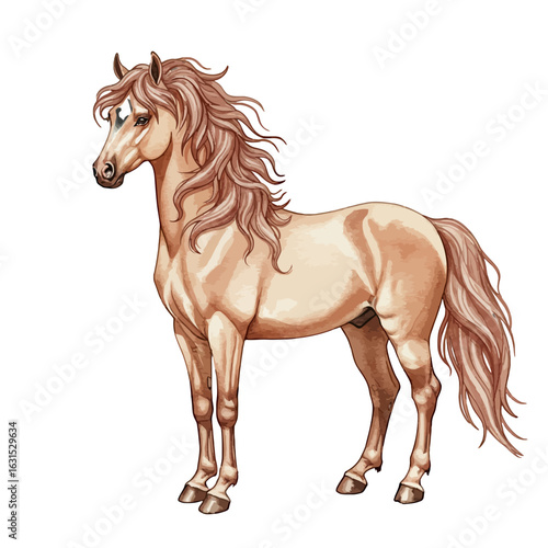 Majestic palomino horse with a flowing mane and tail standing gracefully in a serene pose, showcasing its elegant conformation and beauty in full vector illustration