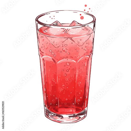 Refreshing fizz illustration of a red soda drink with ice cubes in a tall glass, perfect for quenching thirst and enjoying a cool treat on a hot day